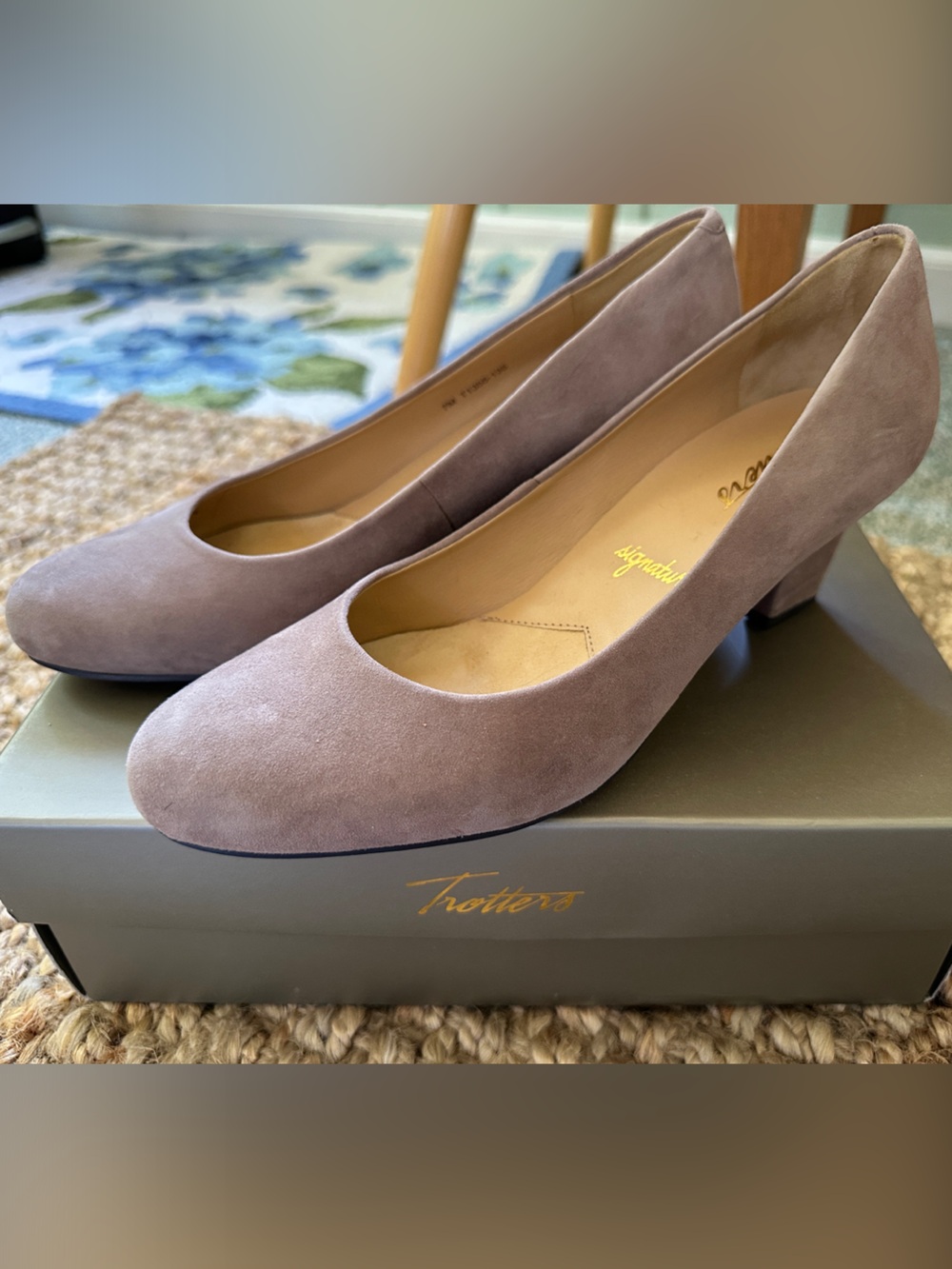 Trotters Taupe Suede Low Block Heel Pumps
